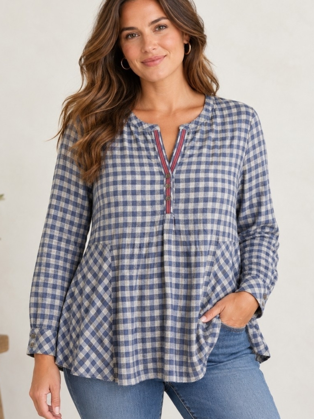 J Jill Tunic Top Womens L Blue Gray Gingham Peplum Long Sleeve Cottagecore